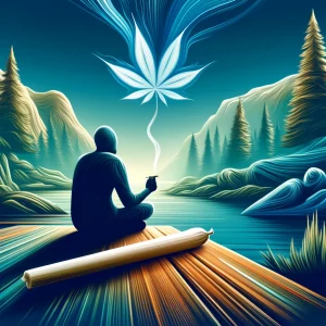Artistic depiction of a person in nature holding a weed joint with a serene landscape background.