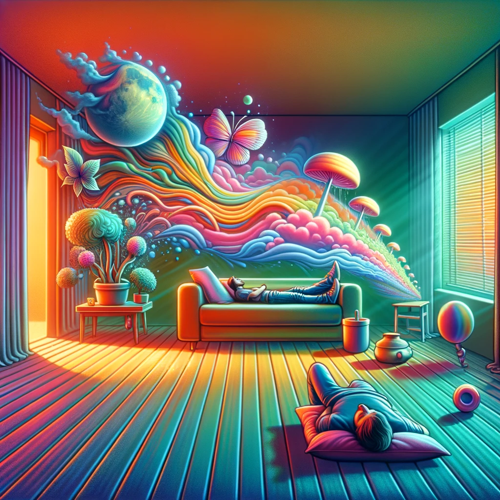 Person lounging in a room with elements subtly changing into dream-like hallucinatory visuals.