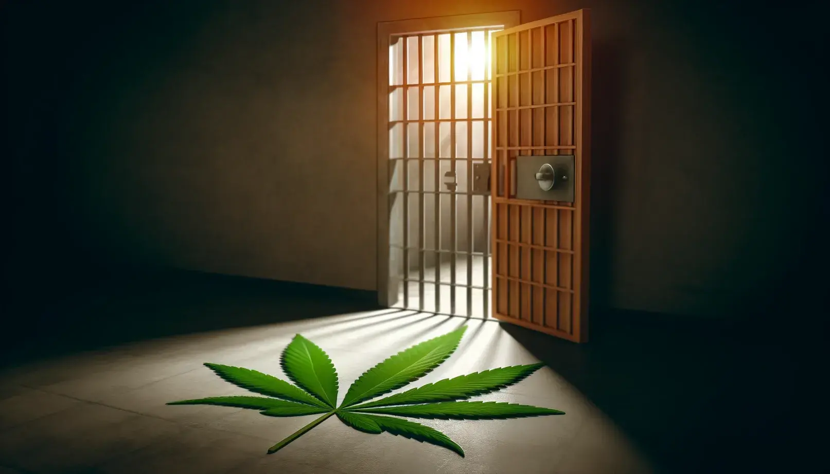 Symbolic change in cannabis laws with an empty prison cell and a cannabis leaf on the floor.
