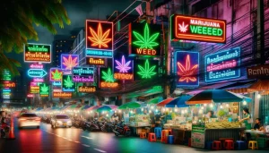 Bustling Bangkok street at night with neon cannabis dispensary signs.