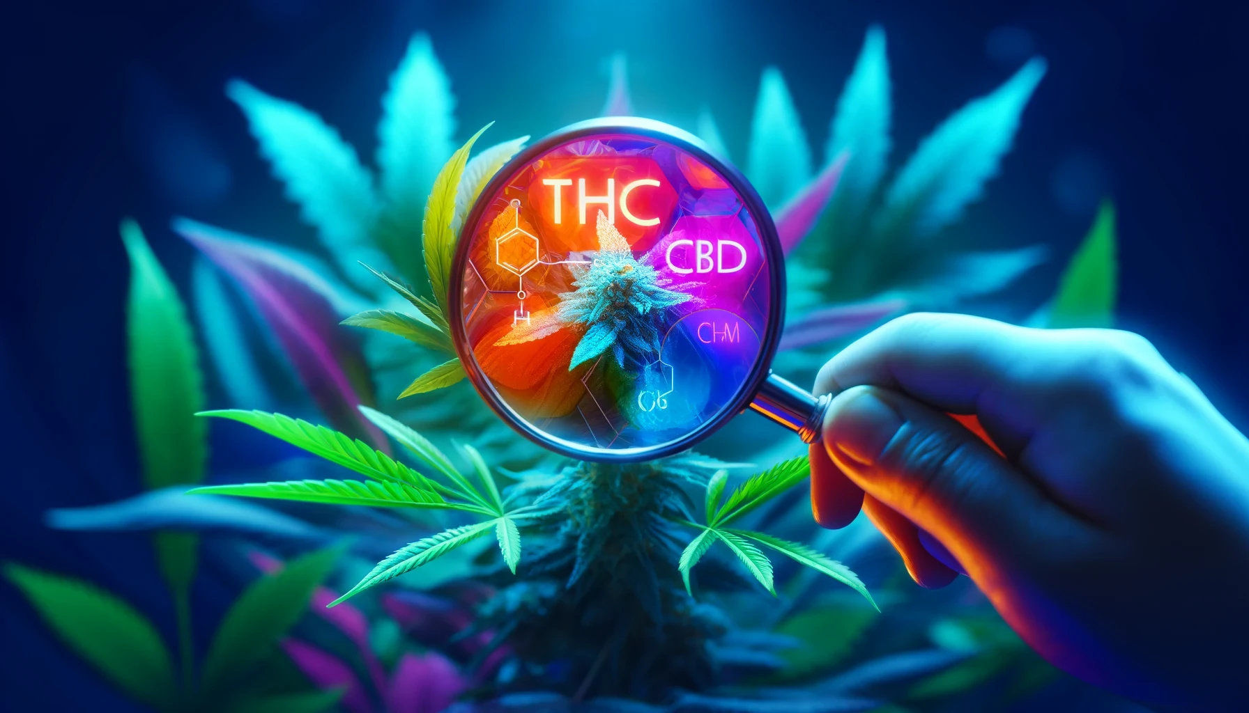 A magnifying glass highlighting the THC and CBD molecules on a cannabis leaf