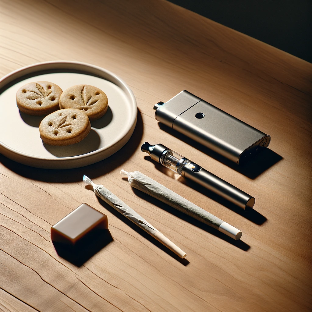 Cannabis consumption tools including a pre-rolled joint and a sleek vape pen on a minimalist table.