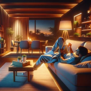 An individual reclining on a couch at dusk, casually enjoying cannabis in a tranquil living room.