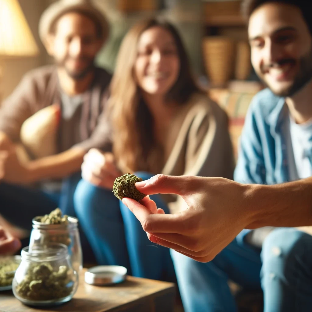 A friendly gathering with a group sharing a large cannabis bud, signifying social consumption.