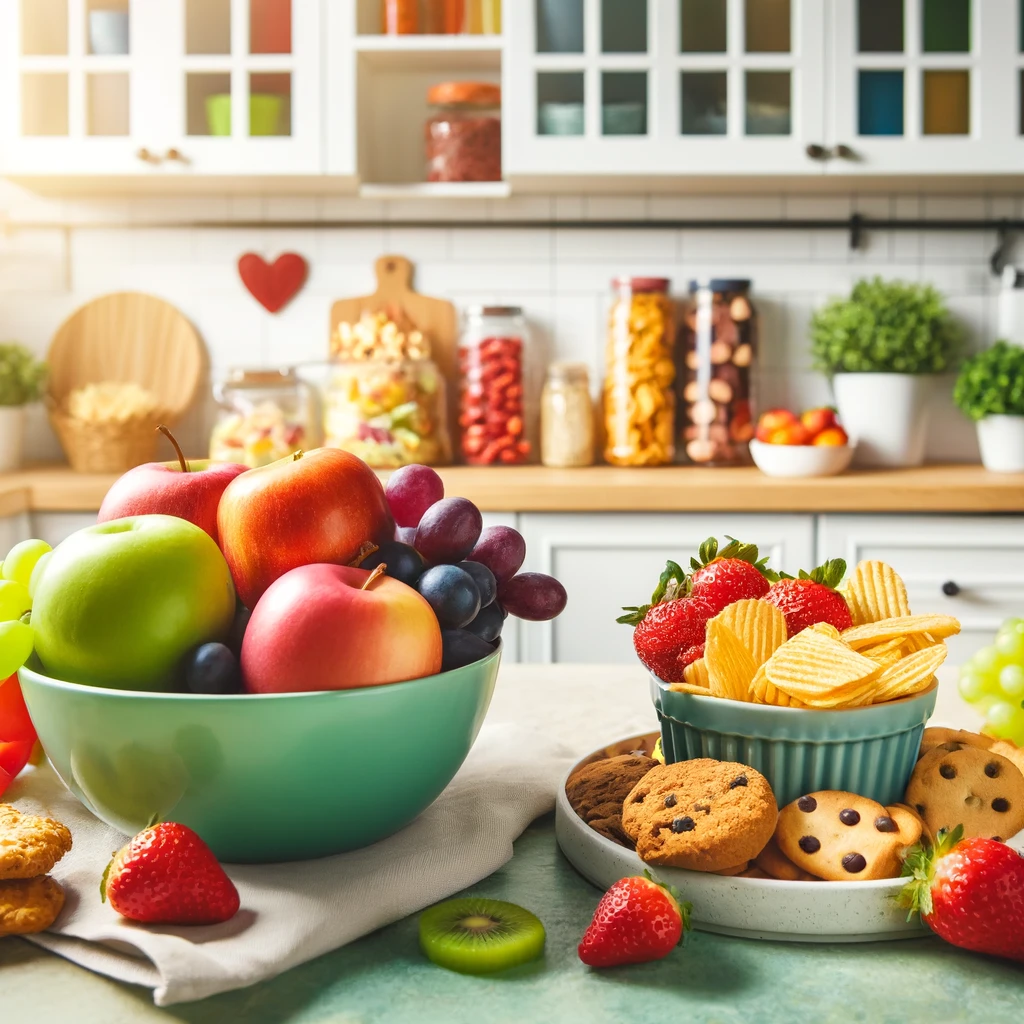 A vibrant kitchen scene with a bowl of fresh fruits and a variety of snacks on the counter.