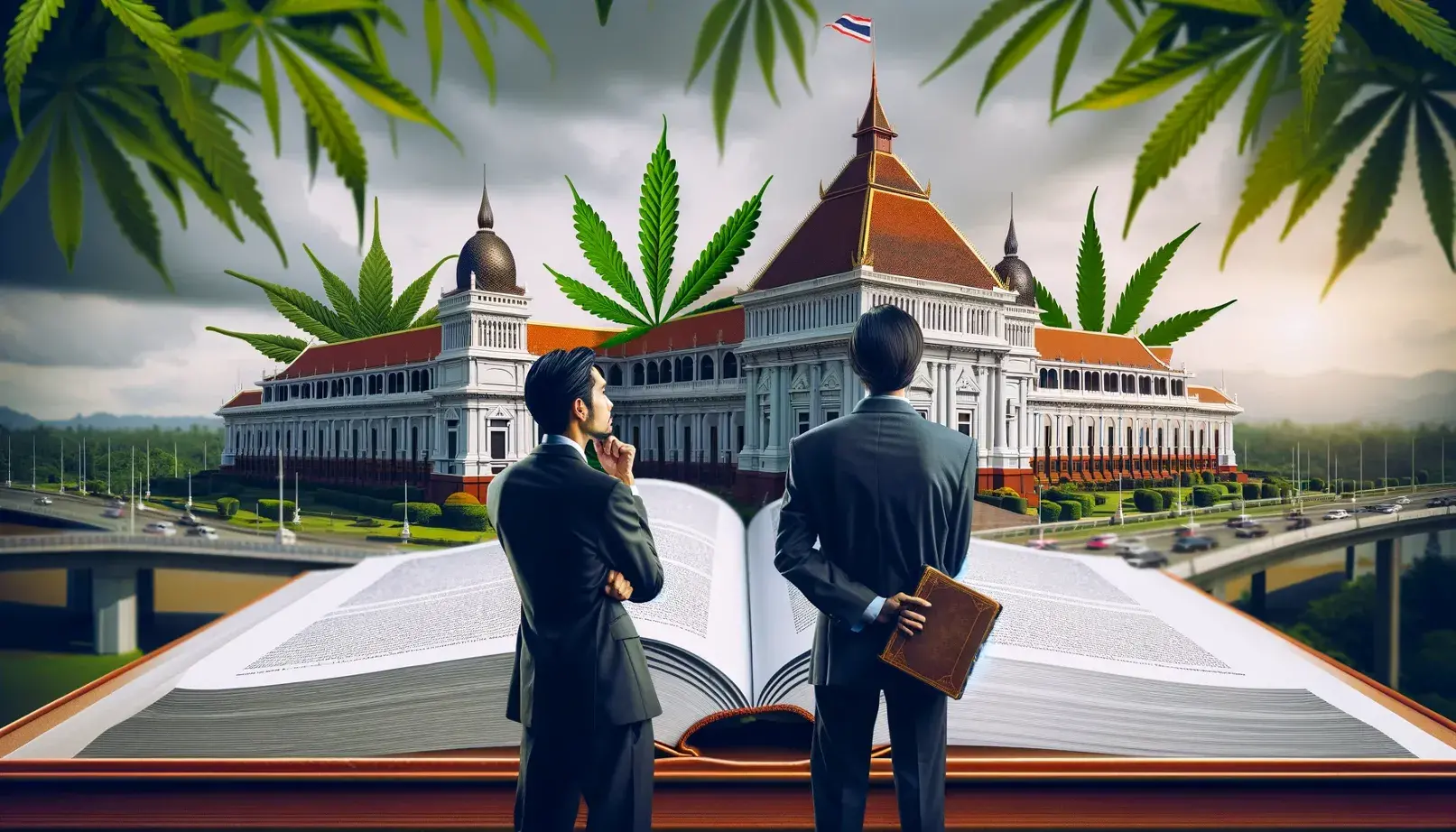 Thoughtful policymaker with cannabis laws in front of the Thai parliament building.