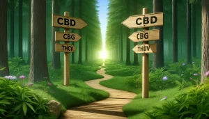 CBD as a pathfinder in a forest leading to signs for CBG and THCV