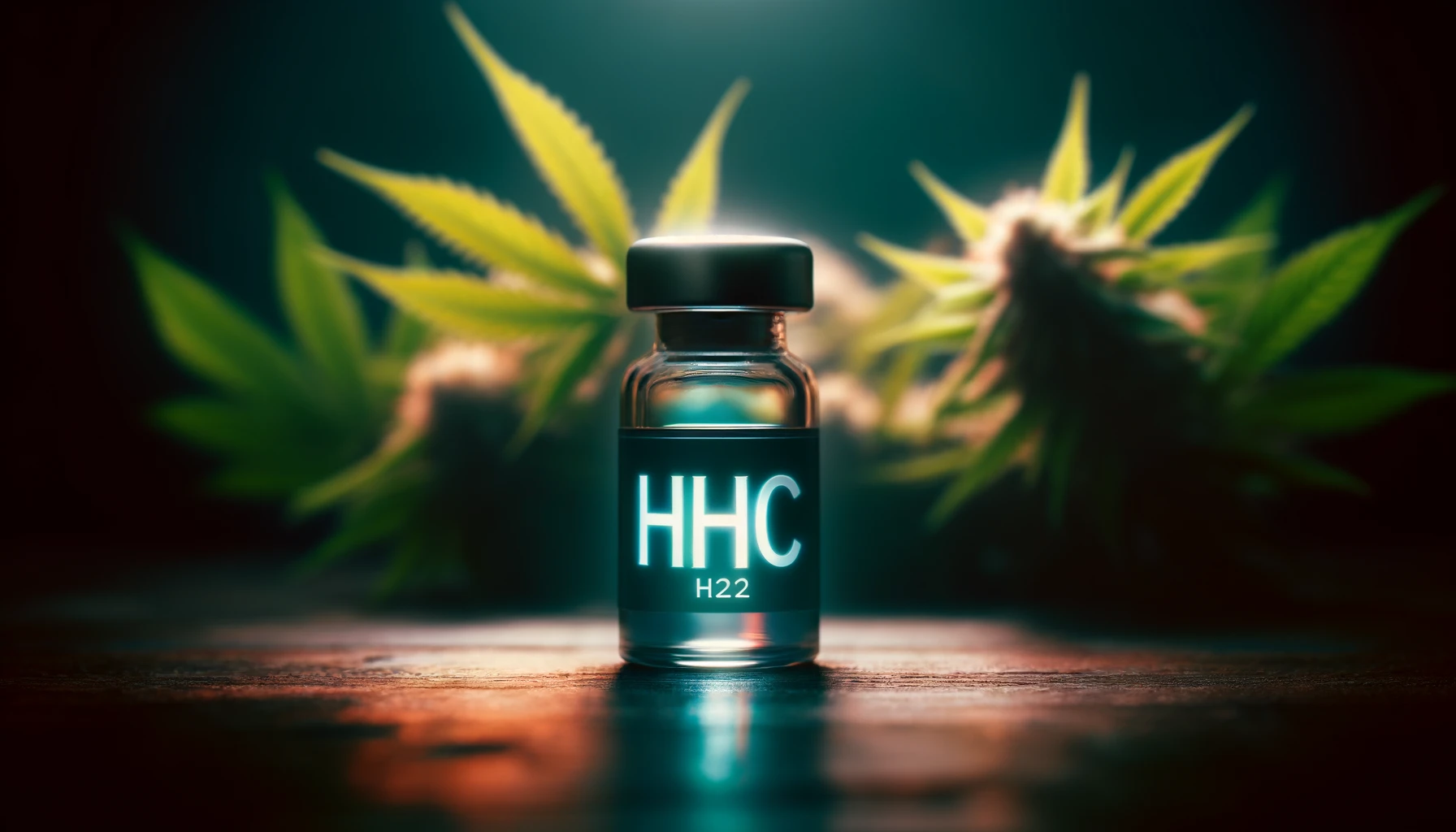 Mysterious glowing vial of HHC with cannabis leaves