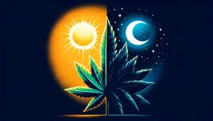 Split representation of cannabis Sativa and Indica with sun and moon background