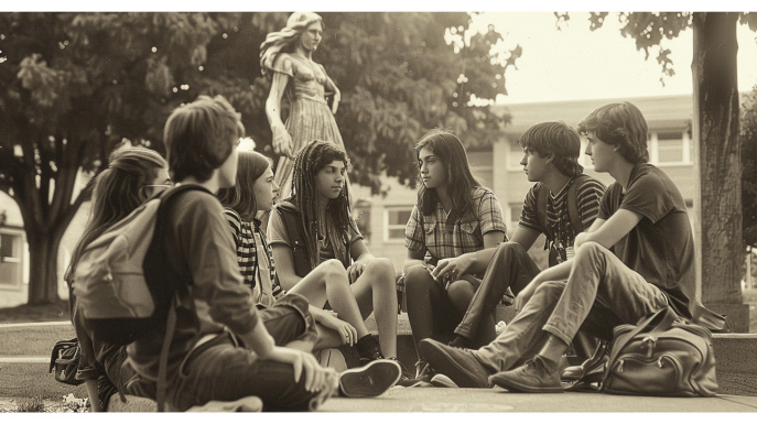 1970s students passing a joint around a statue