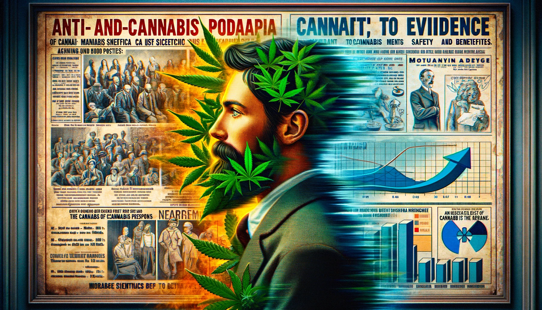An artistic depiction of old anti-cannabis propaganda posters fading into modern scientific charts and graphs supporting cannabis.