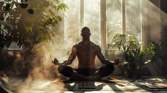 Athlete meditating with cannabis in a serene setting