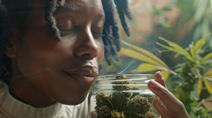 Person smelling a jar of cannabis buds with a pleased expression