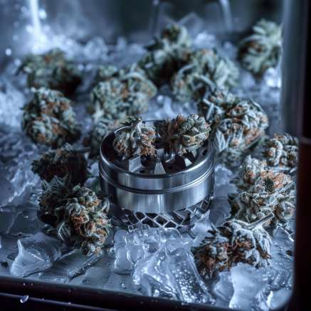 Cannabis buds and grinder on an icy surface