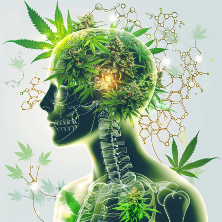 Illustration of human silhouette with cannabis and molecular structures
