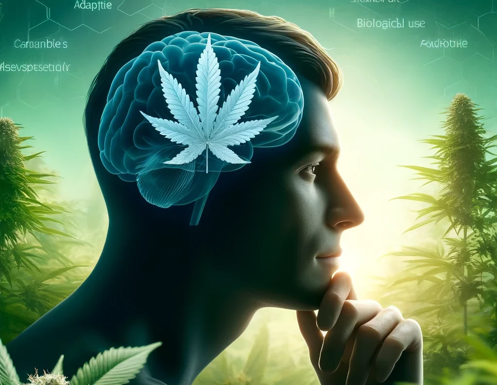 An image showing a thoughtful individual in a contemplative pose with a background of cannabis plants and a brain illustration with a cannabis leaf.