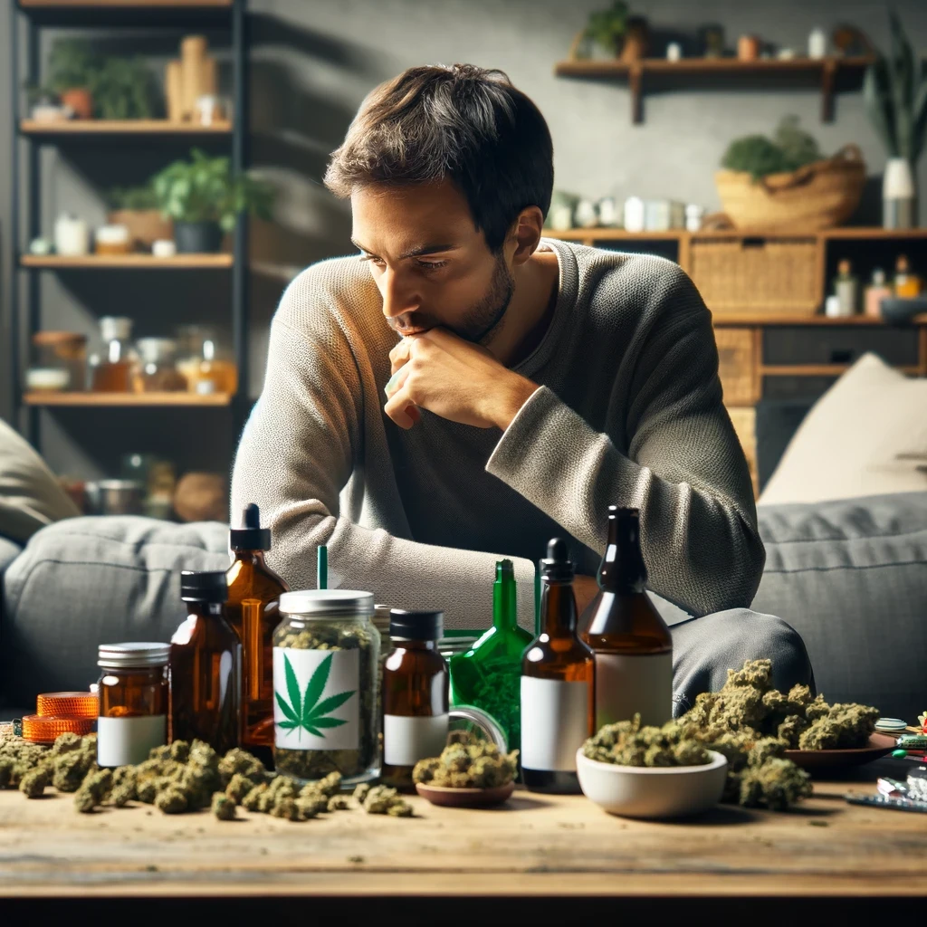 An image of a person seated at a table, surrounded by an array of cannabis products.