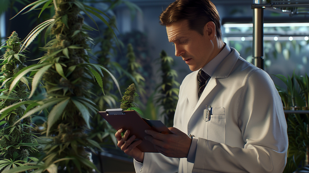 Researcher examining a cannabis plant in a lab