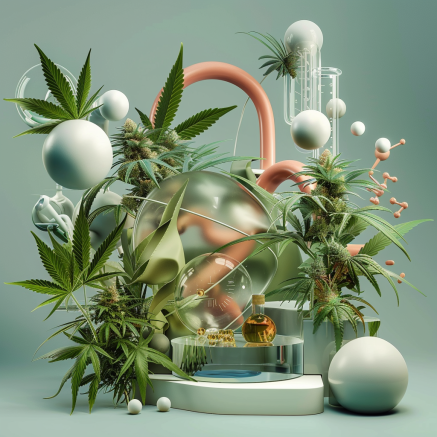 Conceptual blend of cannabis with scientific elements in a laboratory setting