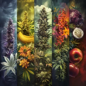 Artistic representation of five distinct cannabis sections with natural elements