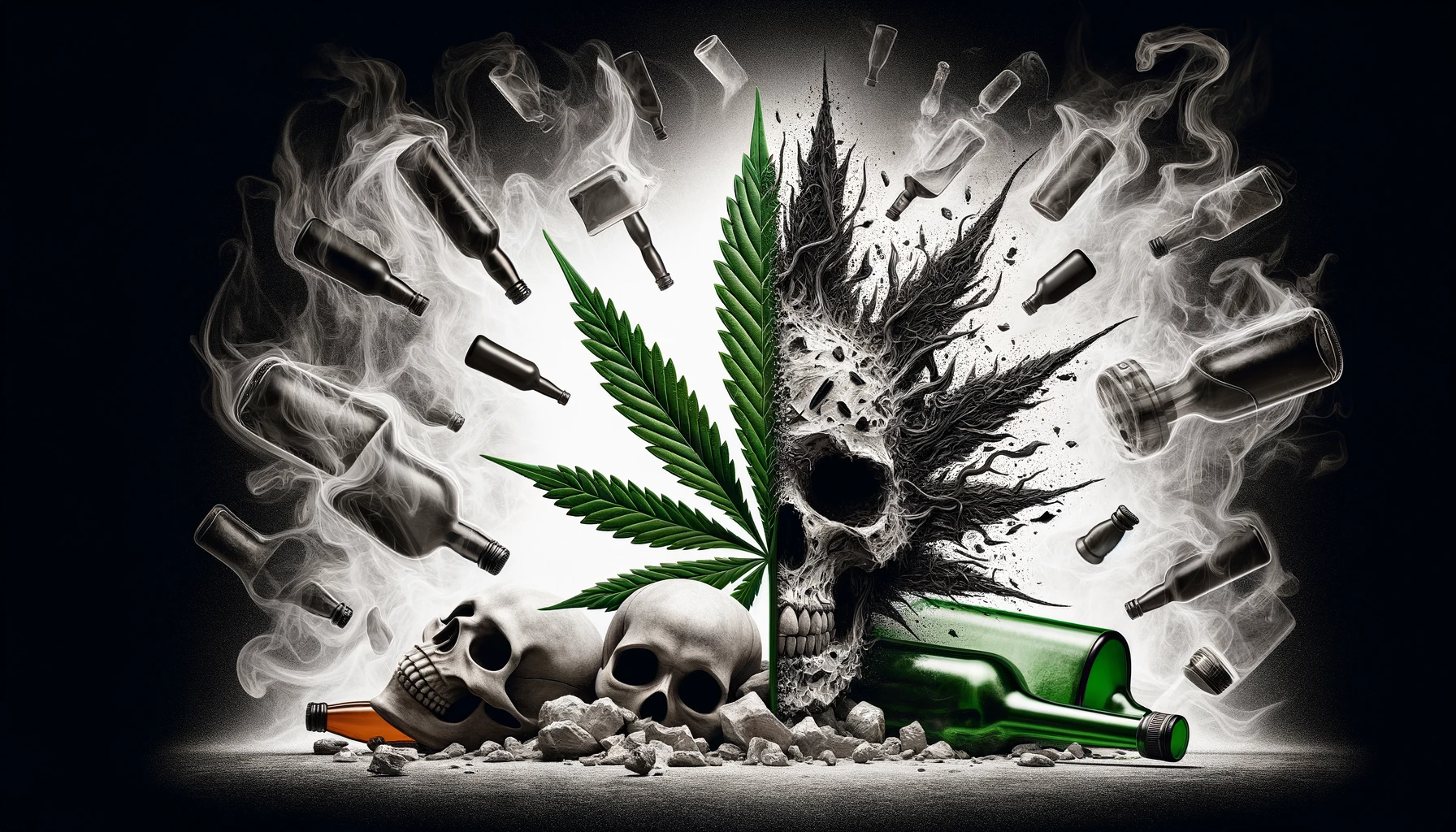 A stark visual comparison between a serene cannabis leaf and chaotic, destructive symbols of alcohol, like broken bottles and skulls.