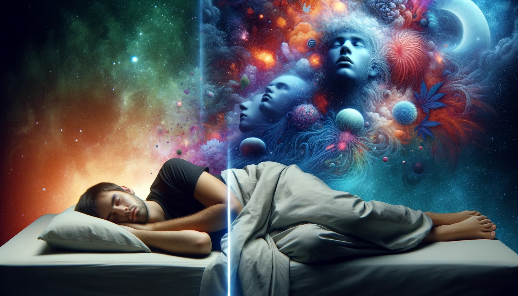 Split image contrasting sleep experiences with and without cannabis