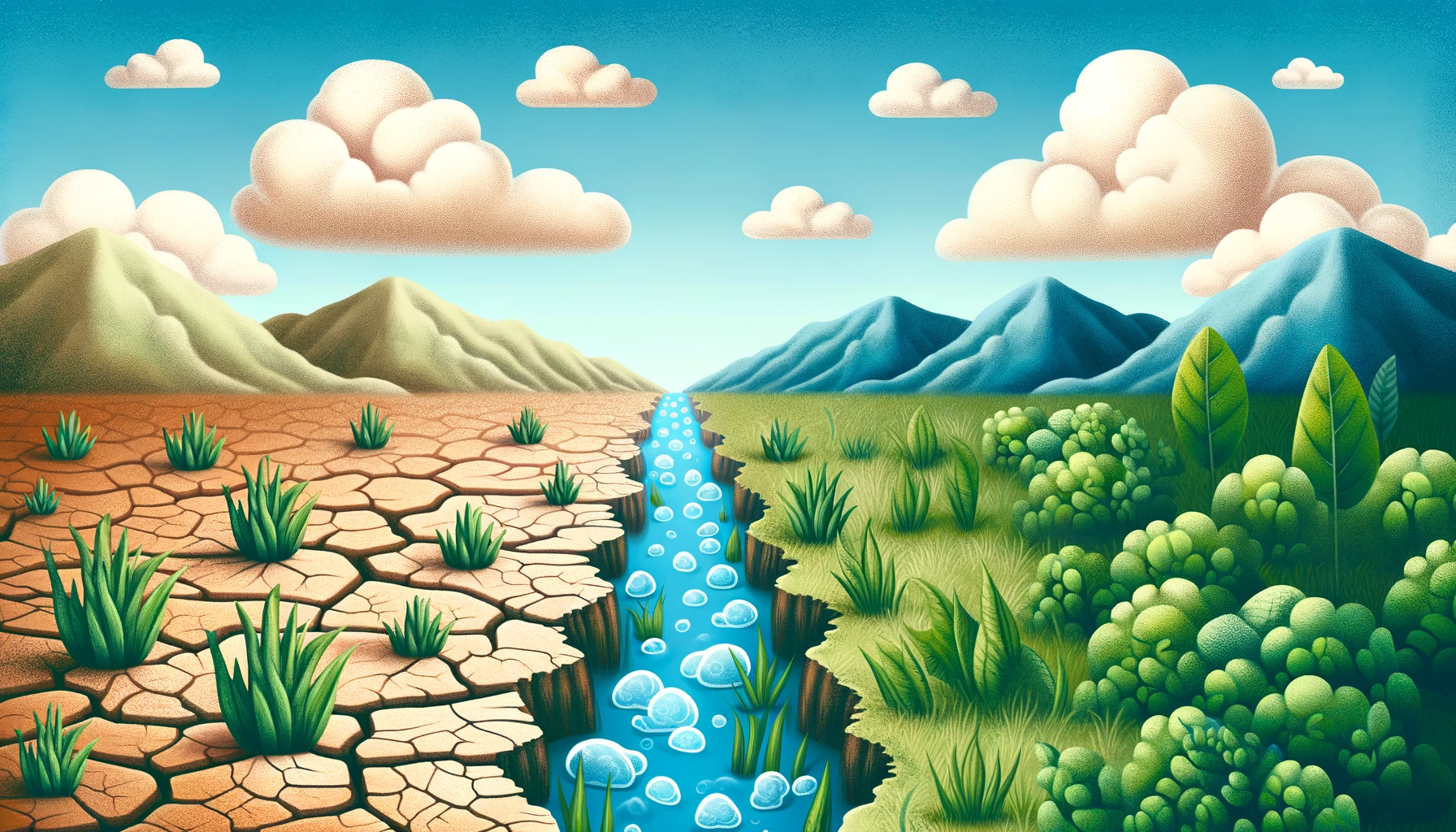 Dry cracked landscape transitioning to lush moist environment symbolizing hydration