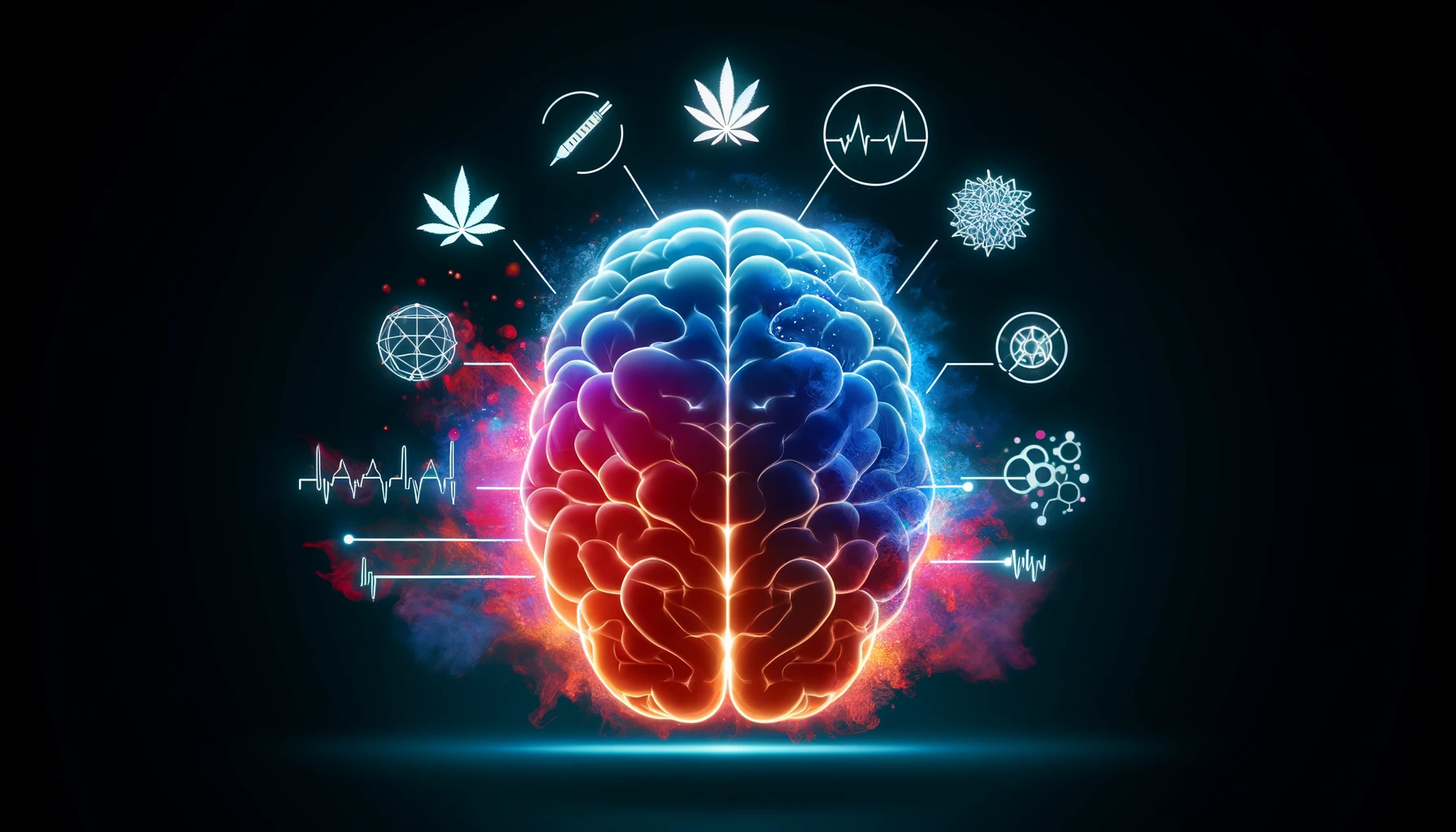 A creative representation of a brain with different areas lighting up, indicating activity. This image should depict the influence of cannabis on the brain.