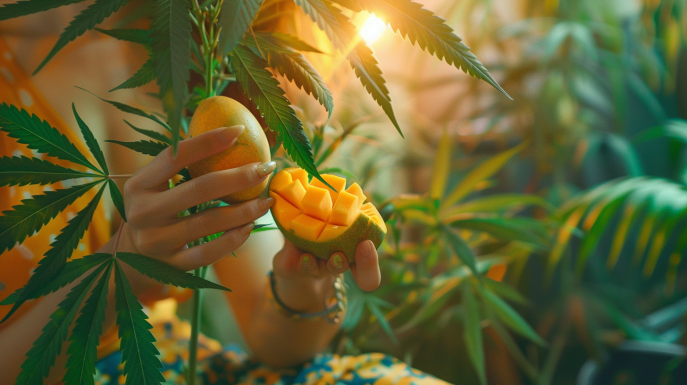 Person eating mango with cannabis in background