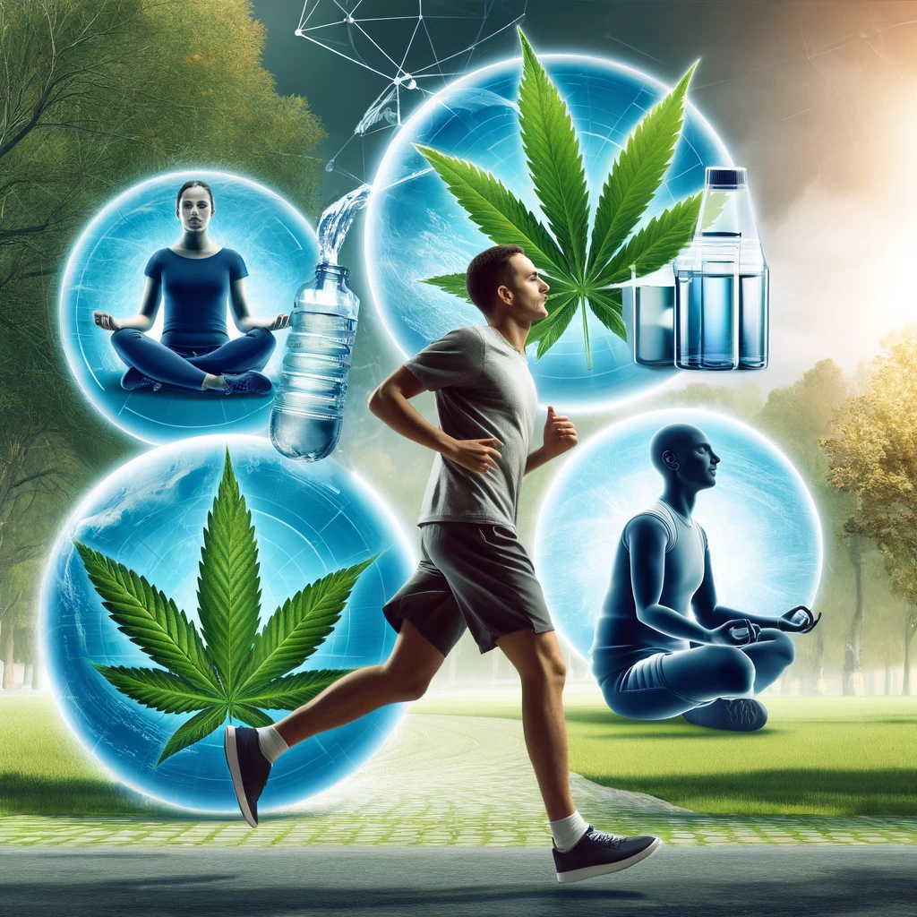 A dynamic image showing a person engaging in various activities such as jogging, meditation, and hydration, highlighting the benefits of cannabis.