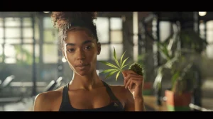 Fitness enthusiast holding a cannabis leaf in the gym