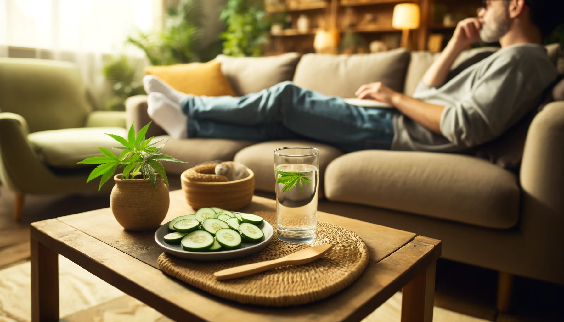 Person relaxing on a couch with water and cucumber slices in a cozy living room
