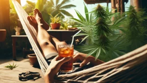 Person lounging on a hammock with iced tea and cannabis plants