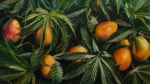 Close-up of mangoes and cannabis leaves
