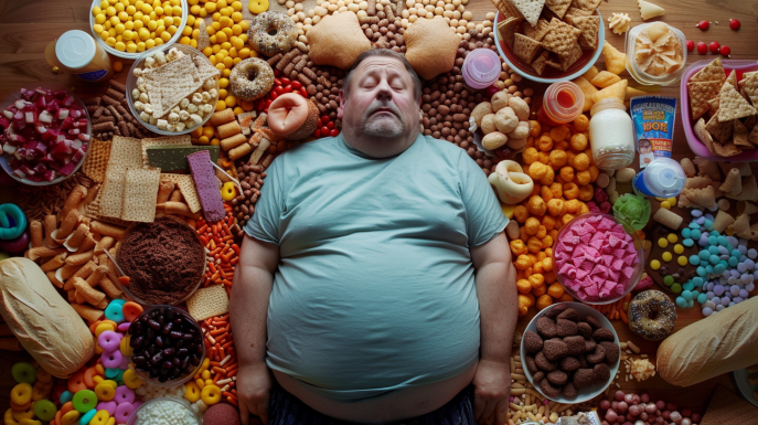 Overweight person with unhealthy snacks