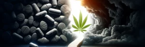 A conceptual image showing a pathway leading from dark, ominous opiate pills towards a bright, inviting cannabis leaf.